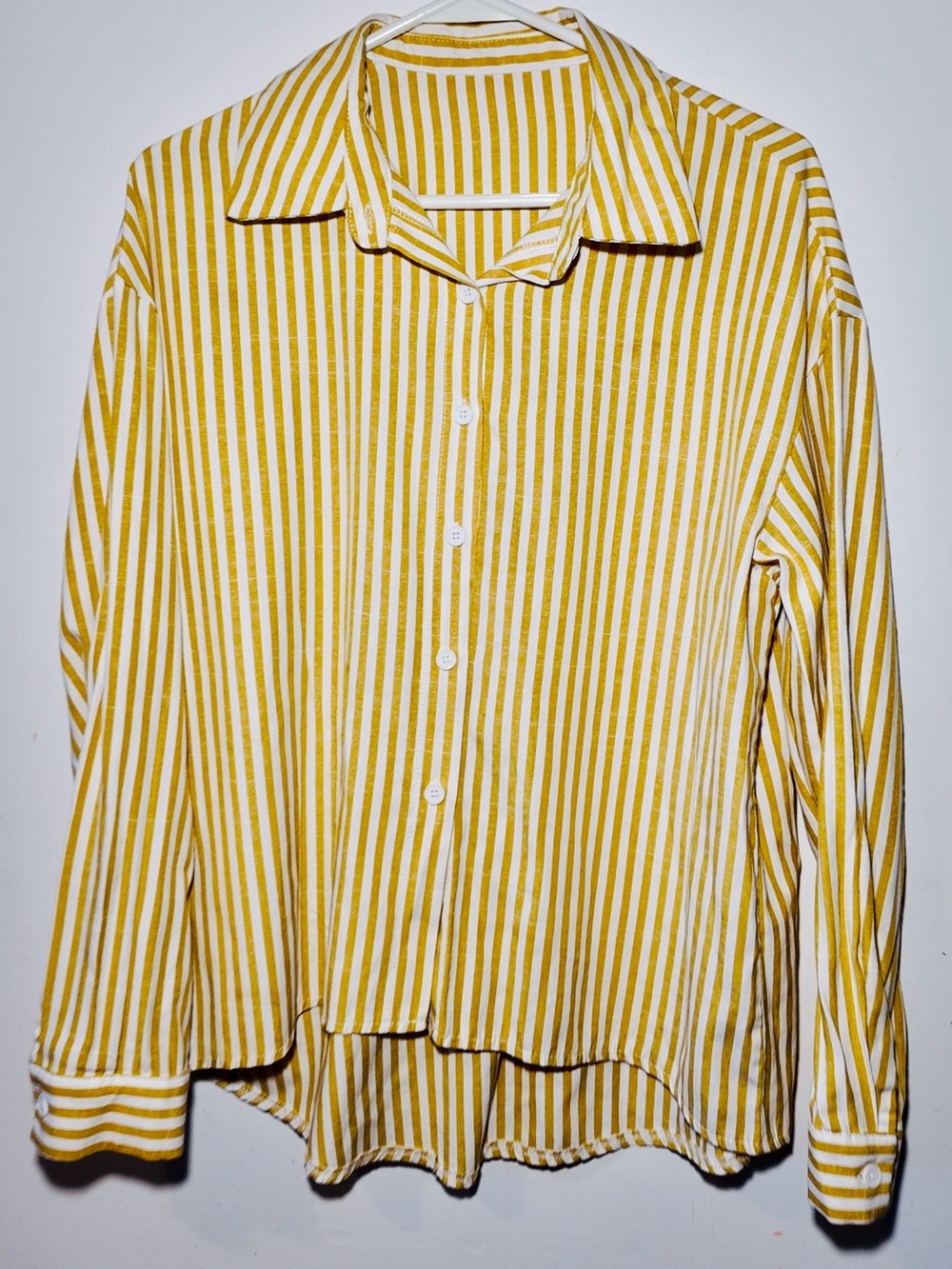 Woman Yellow Stripe Button-Up Shirt